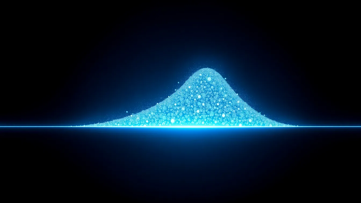 A mountainous spike built from thousands of tiny glowing blue payment particles rising above a perfectly flat horizontal line of light, on a dark navy background — the transaction spike towering over flat dollar volume