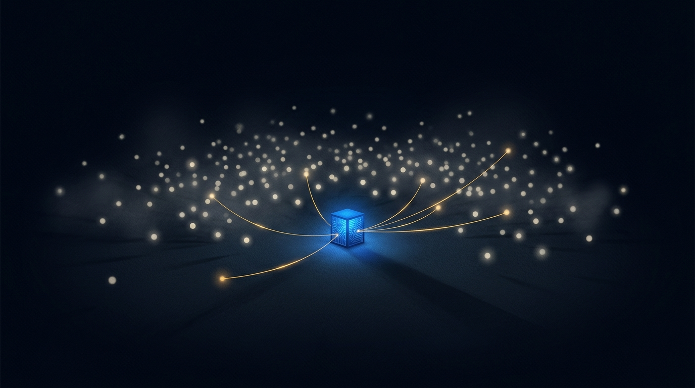 A small glowing server node in a dark field, surrounded by hundreds of faint drifting probe lights, with a handful of bright gold threads connecting to it