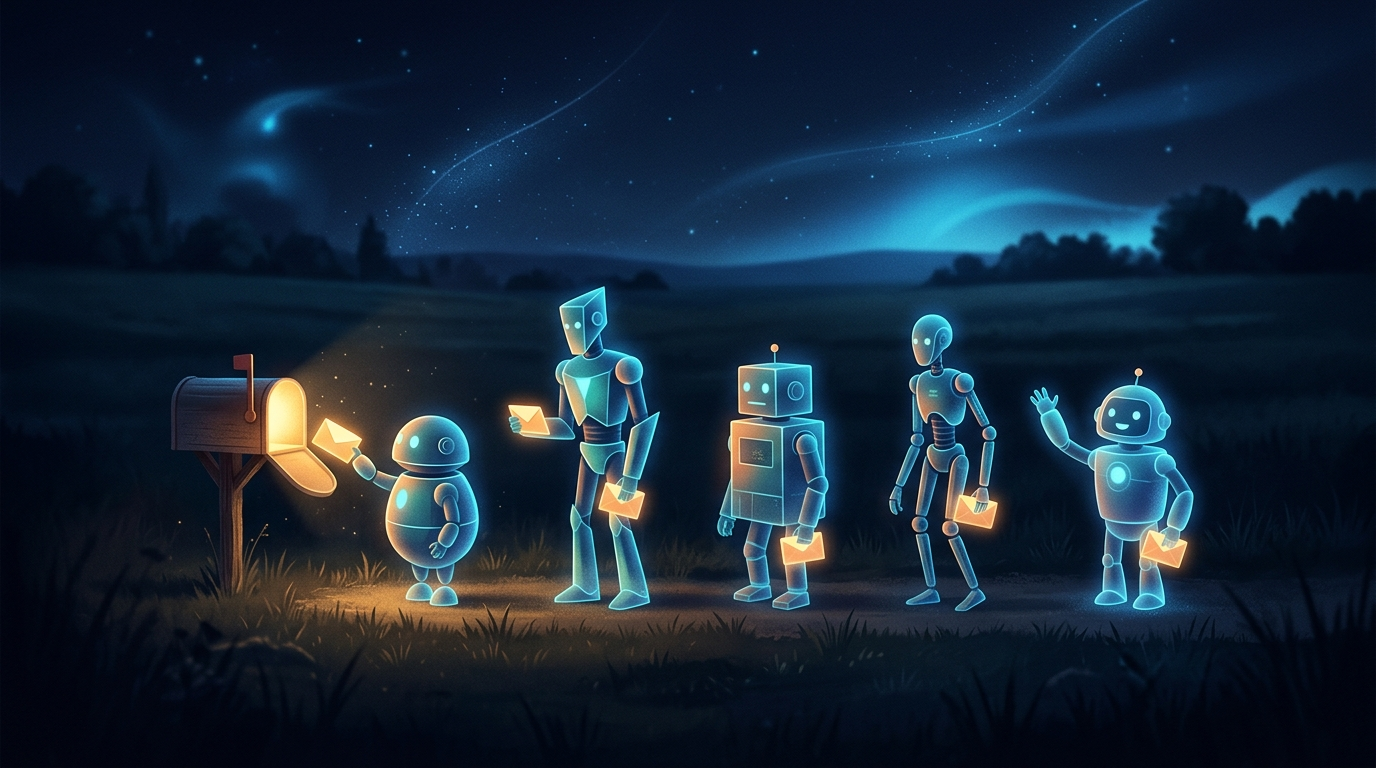 A small glowing mailbox in a dark field at night with five translucent robots queuing toward it, each holding a lit envelope