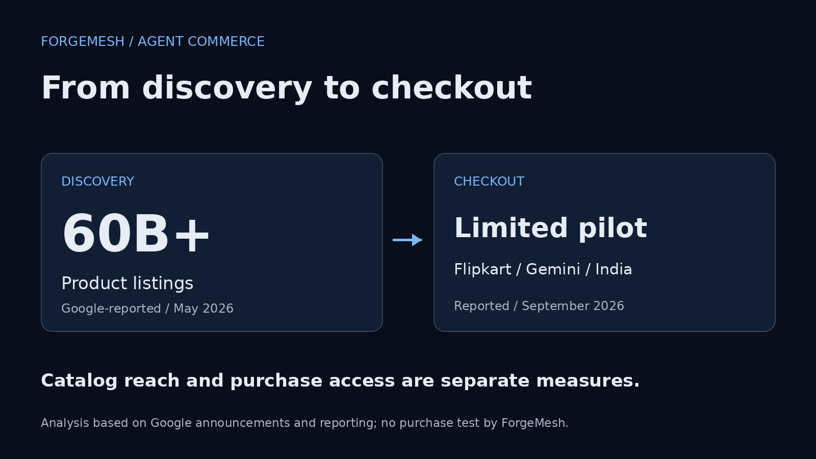 Diagram separating Google’s reported 60B-plus product listings from the limited Flipkart checkout test reported in India.
