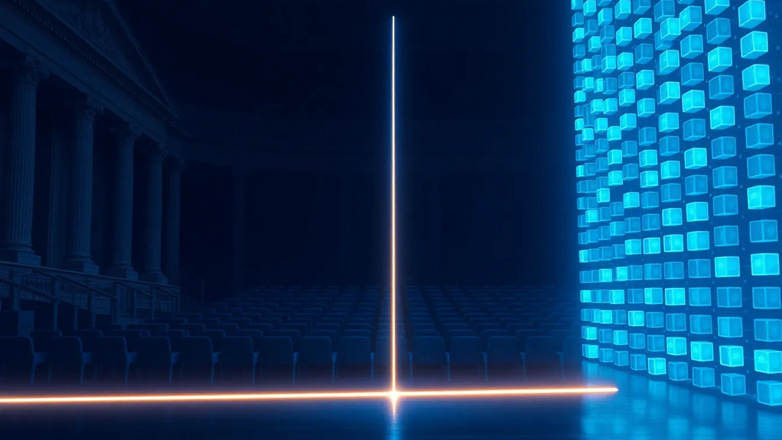 An empty neoclassical chamber of dark seats on the left, a glowing blue wall of ledger cubes on the right, and one thin bright line crossing the floor between them — minimalist editorial tech illustration