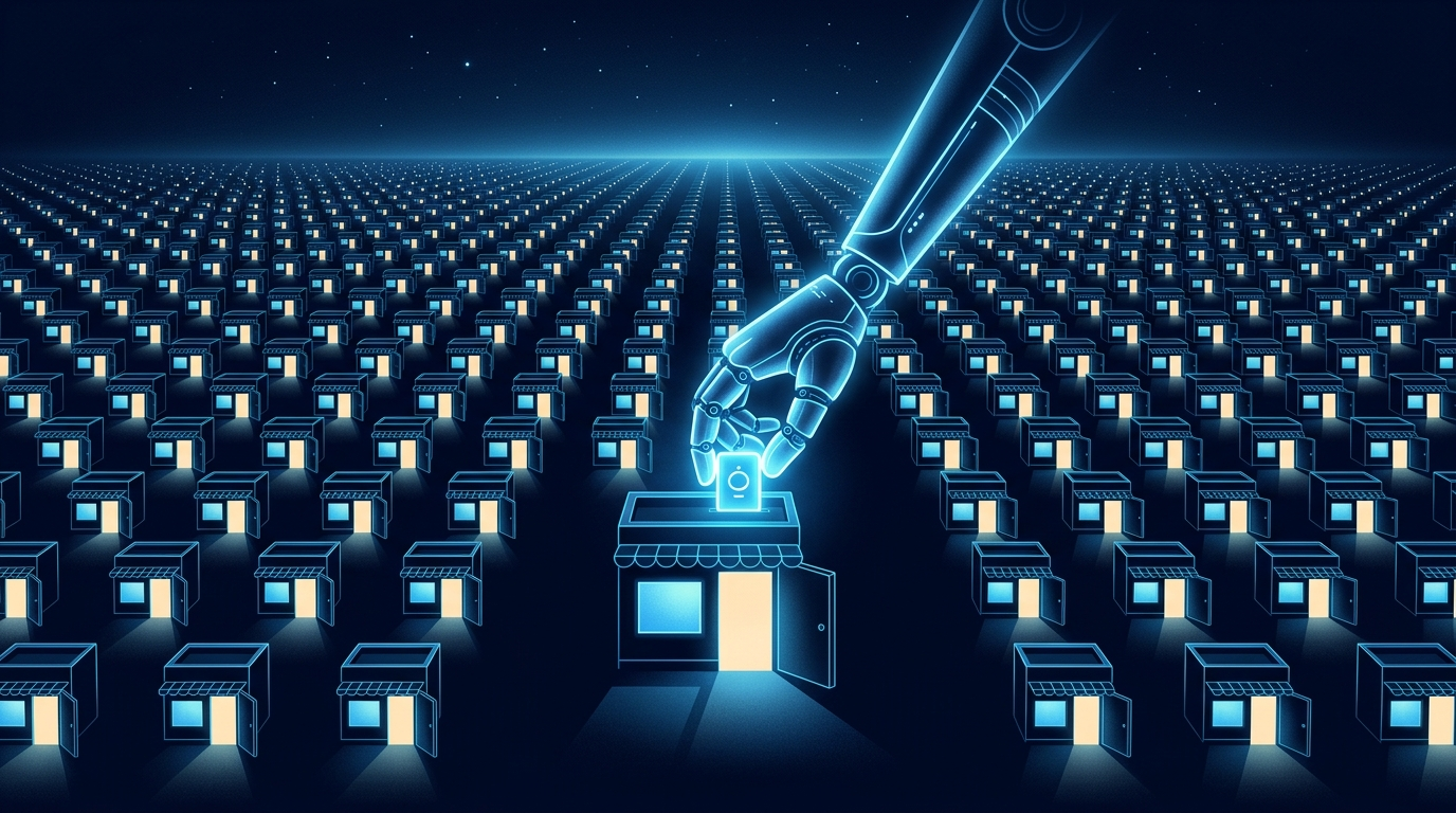 An endless grid of glowing storefronts with every door open, and a single robotic hand passing a payment token through the nearest one