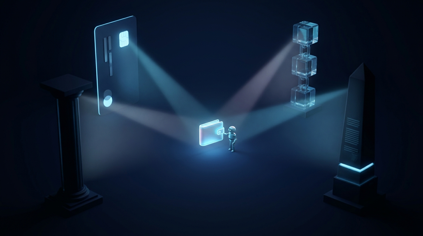 A small glowing wallet held by a robot at the center of a dark arena, with four towering institutional structures on each side aiming beams of light at it