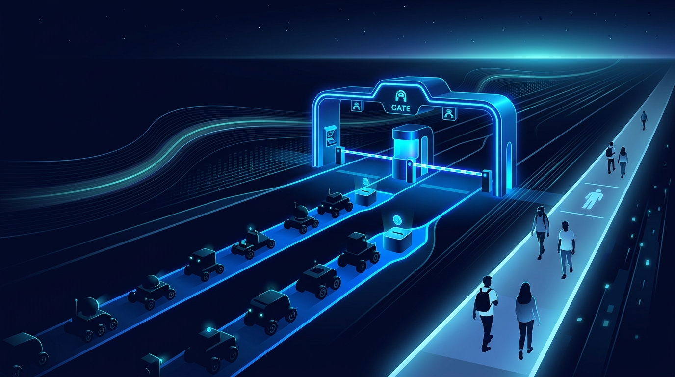 A glowing toll gate on a dark data highway where a line of small robot crawlers pay at the gate while ordinary people walk through a free side lane