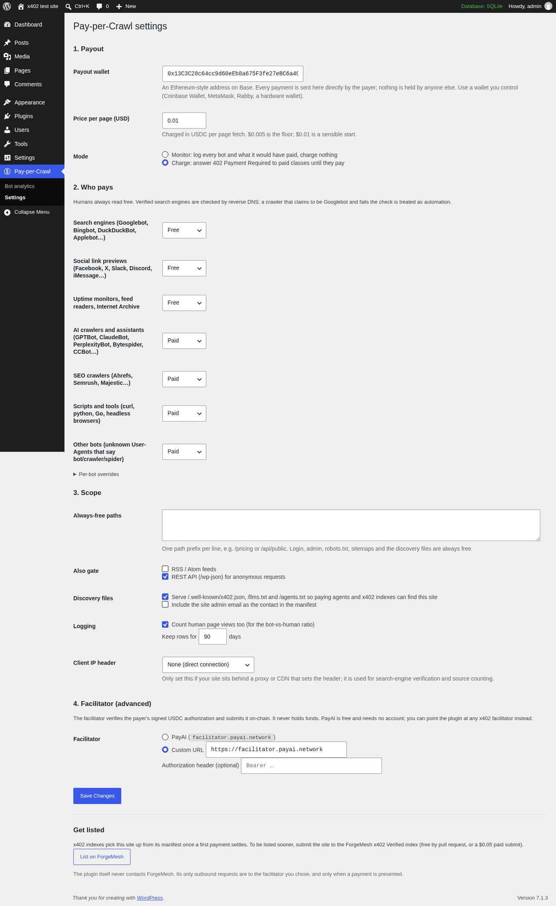 Pay-per-Crawl settings page with payout wallet, price per page and mode selector
